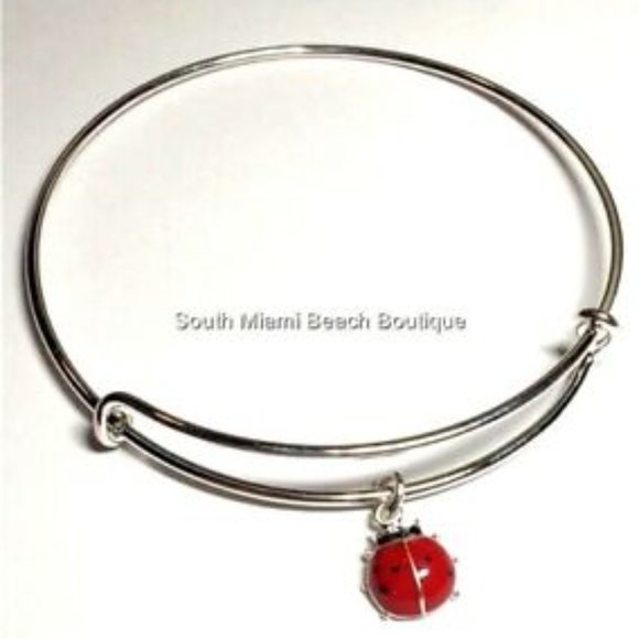 Ladybug Charm Bracelet Lady Bug Red Enamel Wire Adjustable Silver Plated - Picture 3 of 10